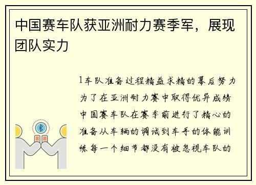 中国赛车队获亚洲耐力赛季军，展现团队实力