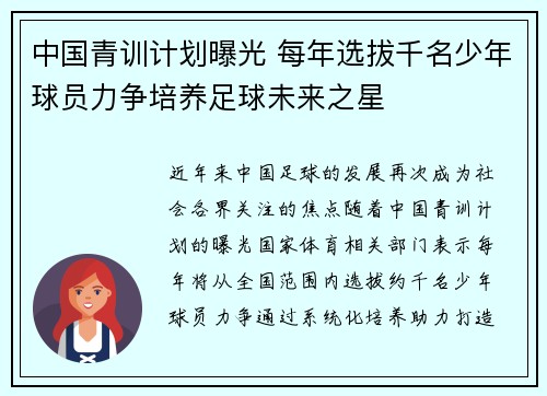 中国青训计划曝光 每年选拔千名少年球员力争培养足球未来之星